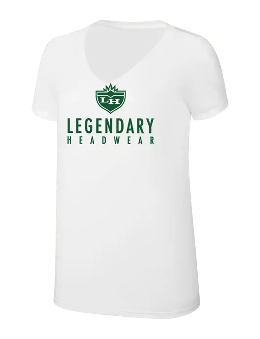Womens Simply Soft V-Neck White 4.5oz  Poly/Combed Ring Spun Cotton T-Shirt w/Legendary Logo