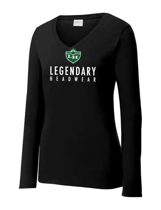 Womens V-Neck Ring Spun Jet Black 4.5 oz Long Sleeve T-Shirt w/Legendary Logo