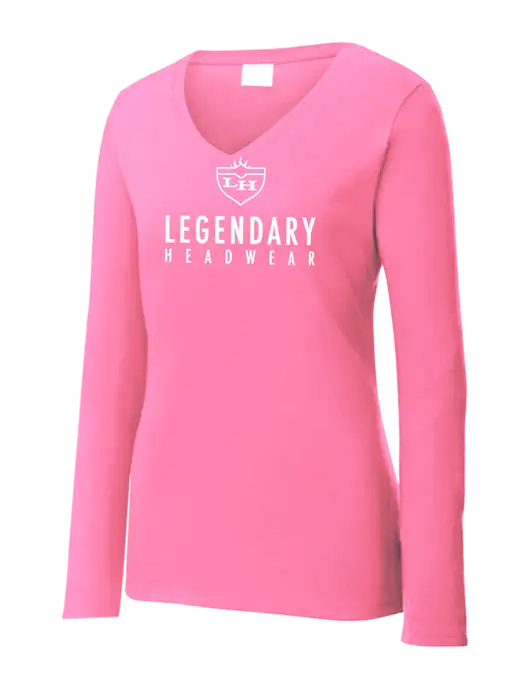 Womens  V-Neck Ring Spun Pink 4.5 oz Long Sleeve T-Shirt w/Legendary Logo