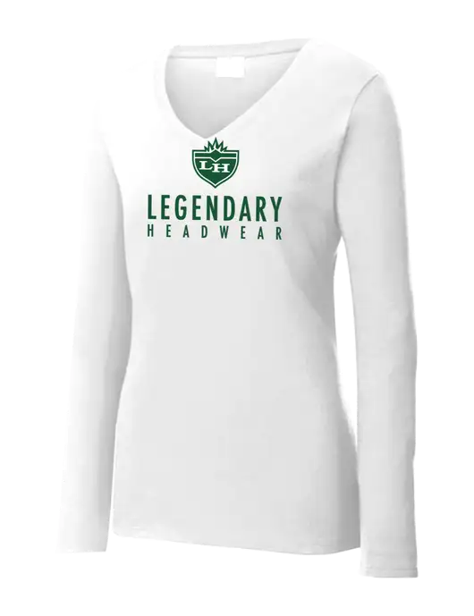 Womens  V-Neck Ring Spun White 4.5 oz Long Sleeve T-Shirt w/Legendary Logo